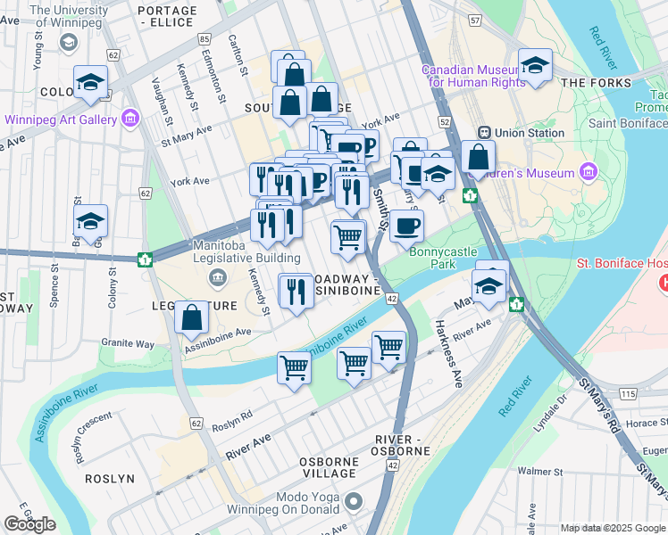 map of restaurants, bars, coffee shops, grocery stores, and more near in Winnipeg