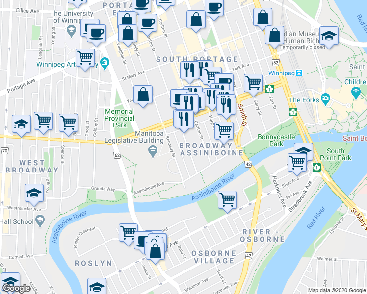 map of restaurants, bars, coffee shops, grocery stores, and more near in Winnipeg