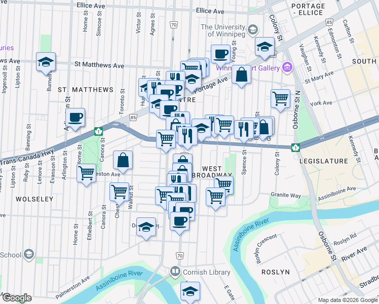 map of restaurants, bars, coffee shops, grocery stores, and more near 228 Sherbrook Street in Winnipeg