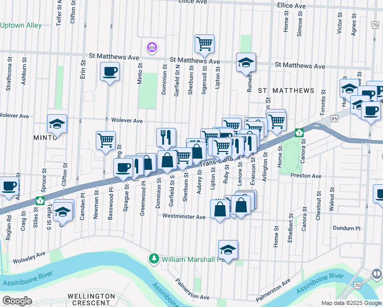 map of restaurants, bars, coffee shops, grocery stores, and more near 524 Sherburn Street in Winnipeg