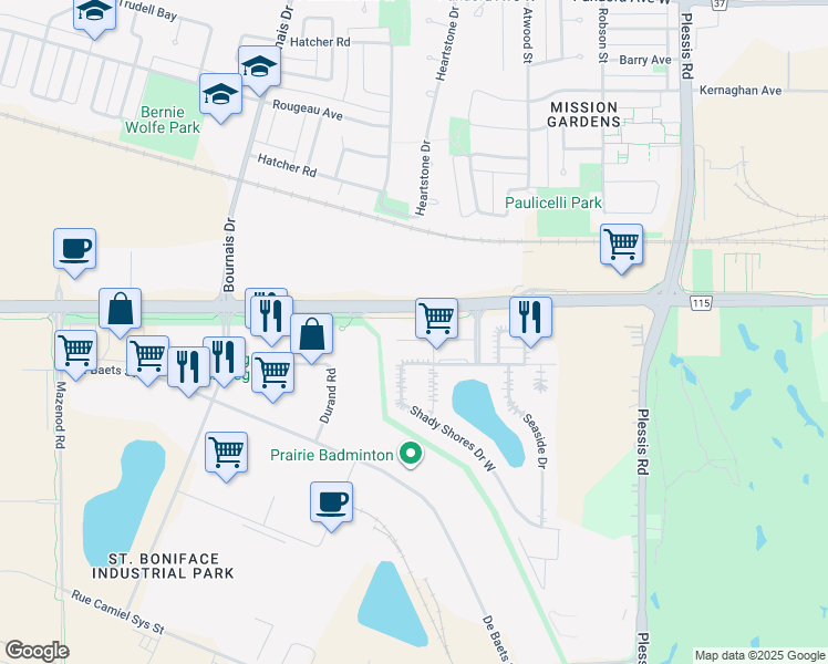 map of restaurants, bars, coffee shops, grocery stores, and more near 30 Guy Savoie Drive in Winnipeg