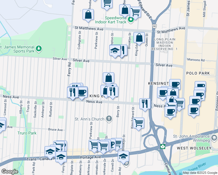 map of restaurants, bars, coffee shops, grocery stores, and more near Hampton Street in Winnipeg