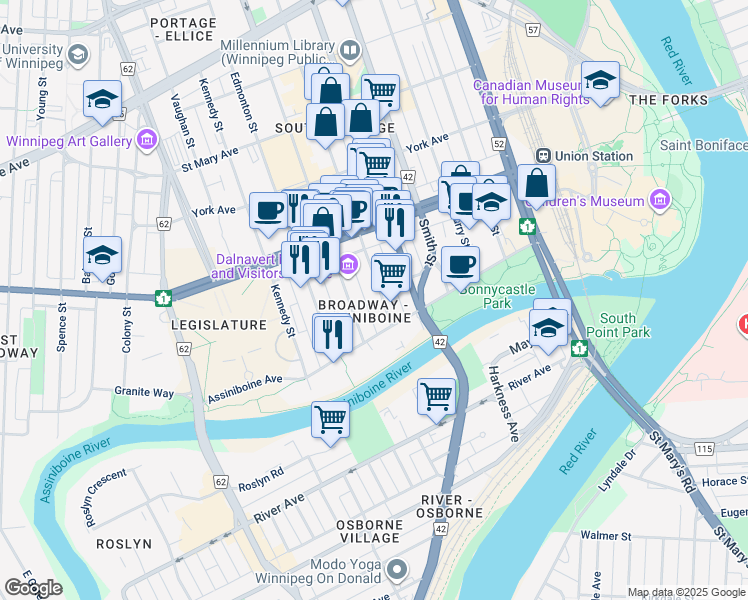 map of restaurants, bars, coffee shops, grocery stores, and more near 40 Hargrave Street in Winnipeg