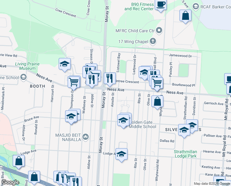 map of restaurants, bars, coffee shops, grocery stores, and more near 479 Ainslie Street in Winnipeg