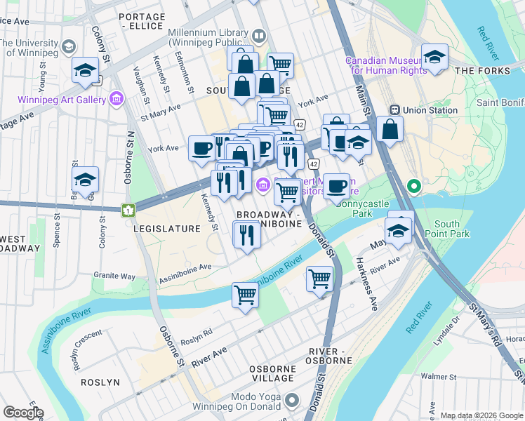map of restaurants, bars, coffee shops, grocery stores, and more near 47 Carlton Street in Winnipeg
