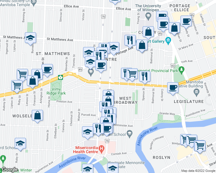 map of restaurants, bars, coffee shops, grocery stores, and more near 228 Sherbrook Street in Winnipeg