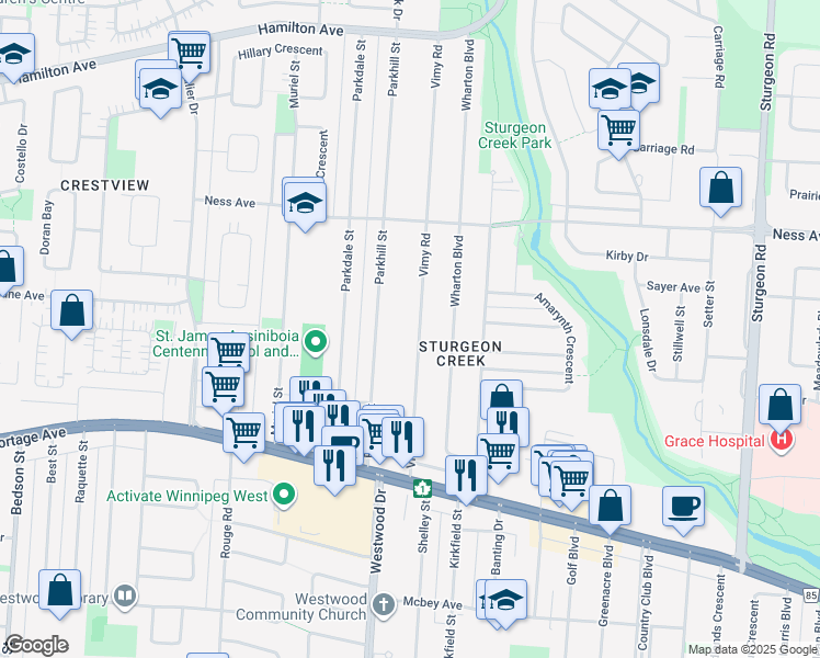 map of restaurants, bars, coffee shops, grocery stores, and more near 708 Vimy Road in Winnipeg
