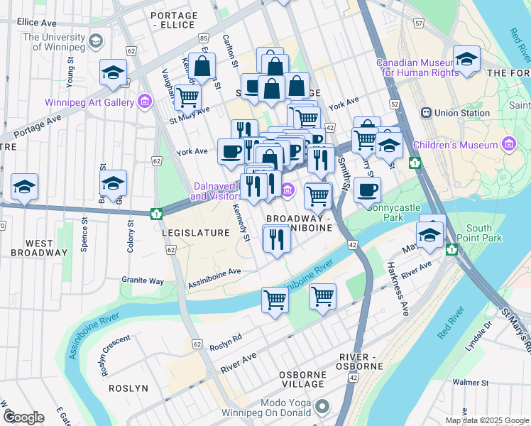 map of restaurants, bars, coffee shops, grocery stores, and more near 75c Edmonton Street in Winnipeg
