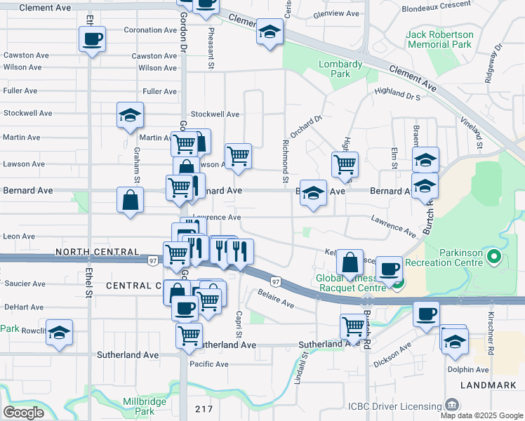 map of restaurants, bars, coffee shops, grocery stores, and more near 1262 Lawrence Avenue in Kelowna