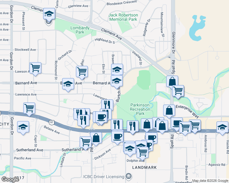 map of restaurants, bars, coffee shops, grocery stores, and more near 1565 Noble Court in Kelowna