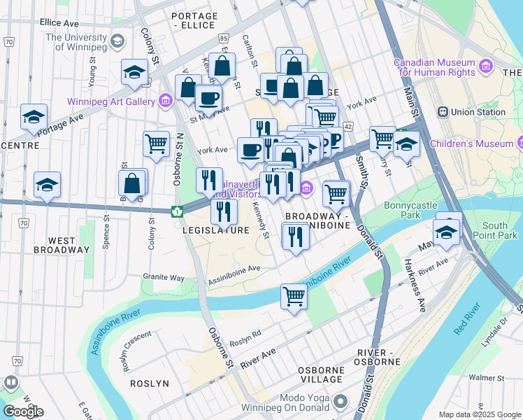 map of restaurants, bars, coffee shops, grocery stores, and more near 71 Kennedy Street in Winnipeg