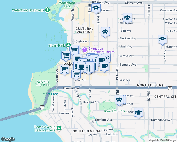 map of restaurants, bars, coffee shops, grocery stores, and more near 1588 Ellis Street in Kelowna