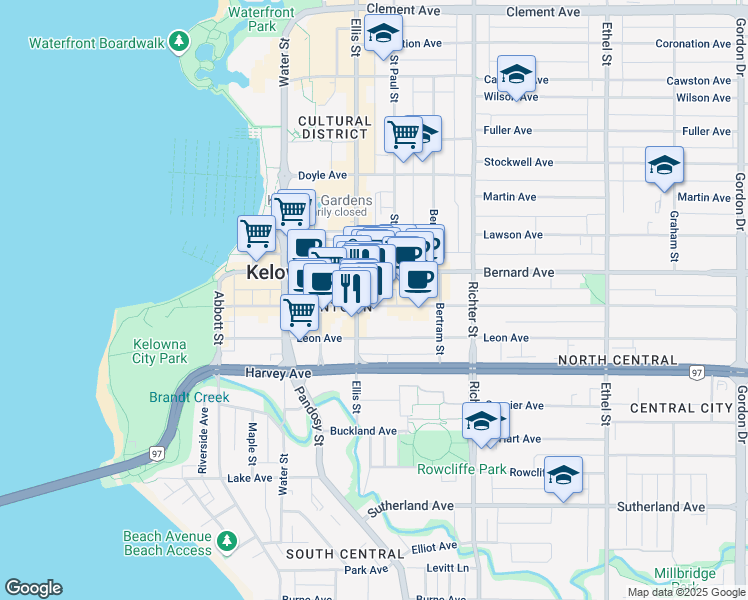 map of restaurants, bars, coffee shops, grocery stores, and more near 516 Lawrence Avenue in Kelowna