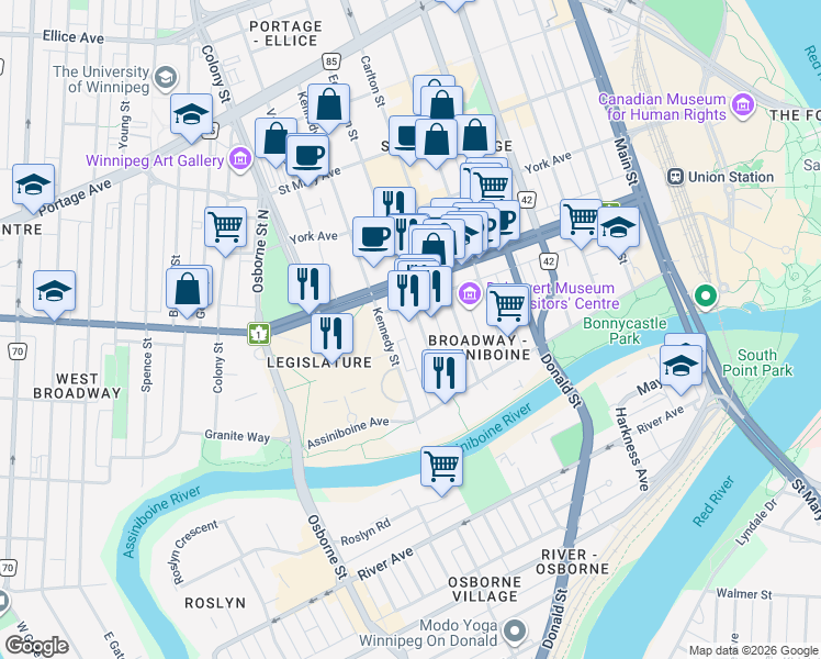 map of restaurants, bars, coffee shops, grocery stores, and more near 66 Edmonton Street in Winnipeg