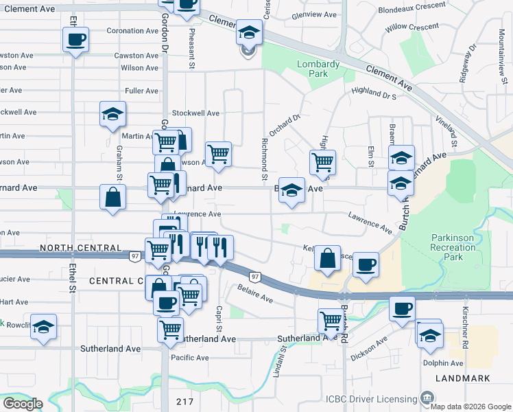 map of restaurants, bars, coffee shops, grocery stores, and more near 1292 Lawrence Avenue in Kelowna