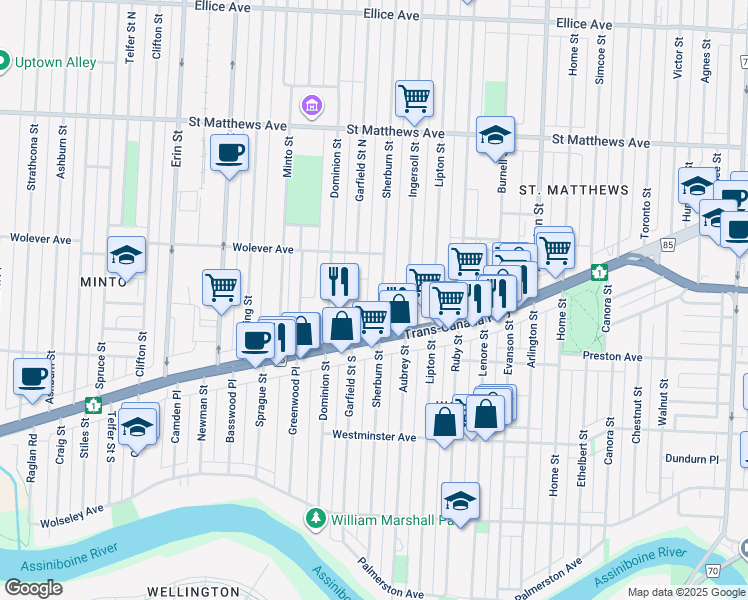 map of restaurants, bars, coffee shops, grocery stores, and more near 524 Sherburn Street in Winnipeg