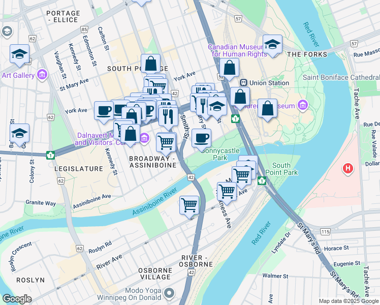 map of restaurants, bars, coffee shops, grocery stores, and more near 321 Assiniboine Avenue in Winnipeg