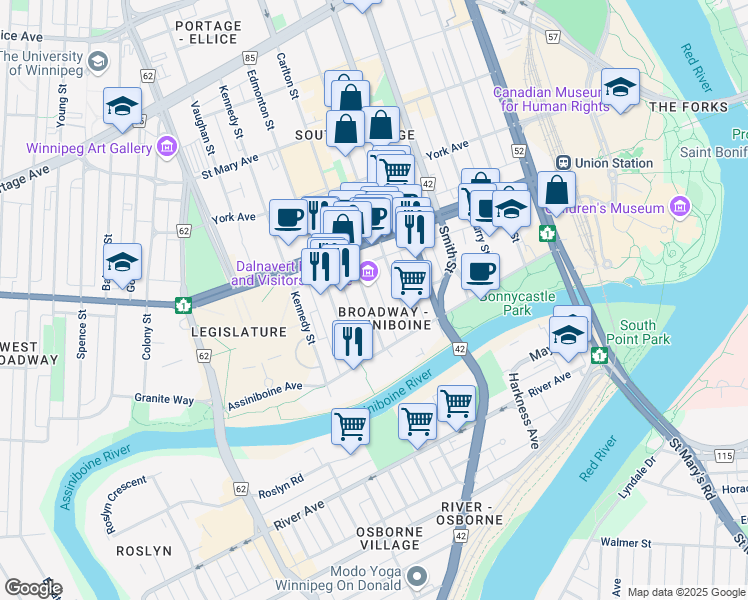 map of restaurants, bars, coffee shops, grocery stores, and more near in Winnipeg