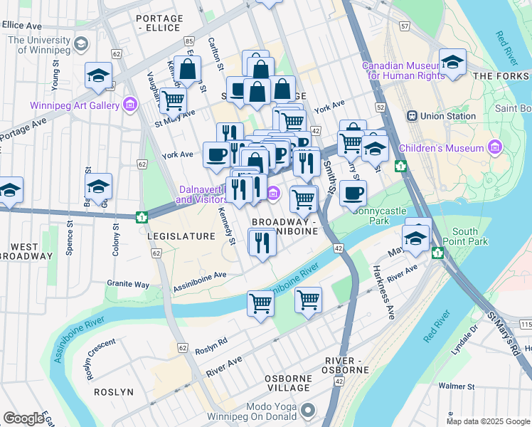 map of restaurants, bars, coffee shops, grocery stores, and more near 75c Edmonton Street in Winnipeg