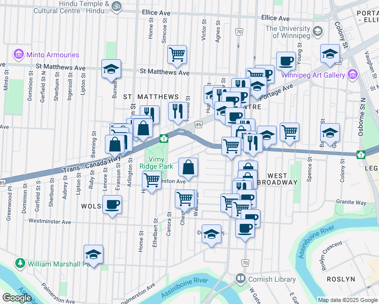 map of restaurants, bars, coffee shops, grocery stores, and more near 789 Honeyman Avenue in Winnipeg