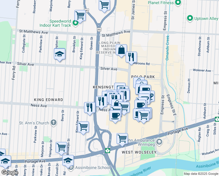 map of restaurants, bars, coffee shops, grocery stores, and more near 346 Madison Street in Winnipeg