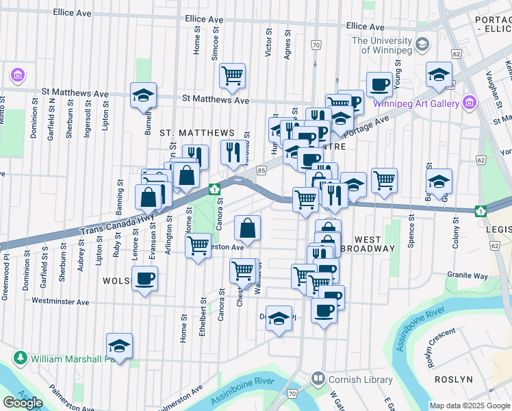 map of restaurants, bars, coffee shops, grocery stores, and more near 789 Honeyman Avenue in Winnipeg