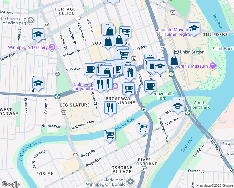 map of restaurants, bars, coffee shops, grocery stores, and more near 53 Carlton Street in Winnipeg