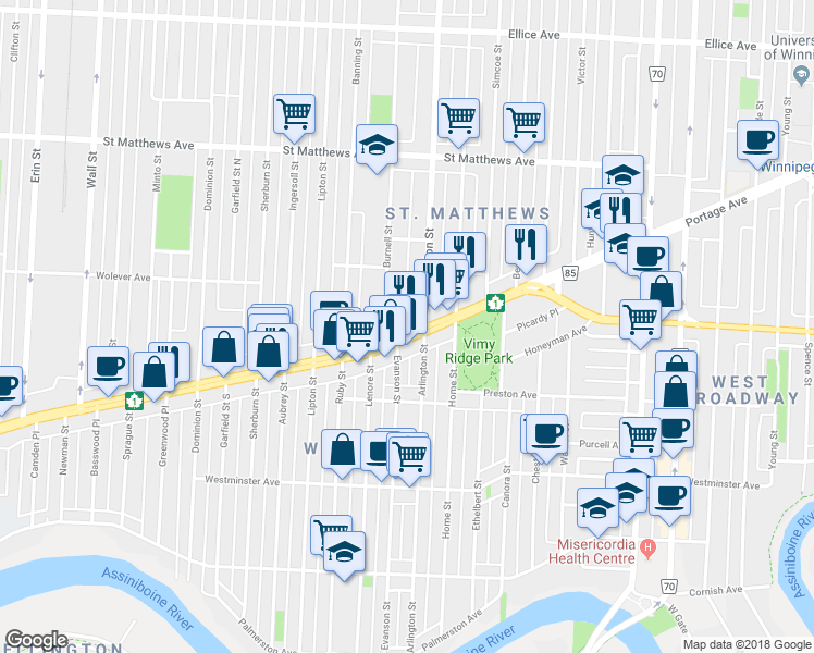 map of restaurants, bars, coffee shops, grocery stores, and more near 899 Trans-Canada Highway in Winnipeg