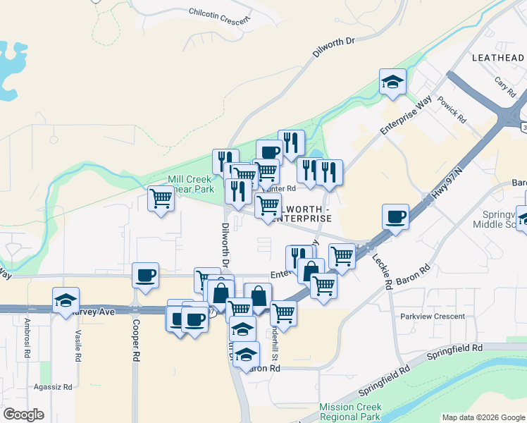 map of restaurants, bars, coffee shops, grocery stores, and more near 2280 Leckie Road in Kelowna