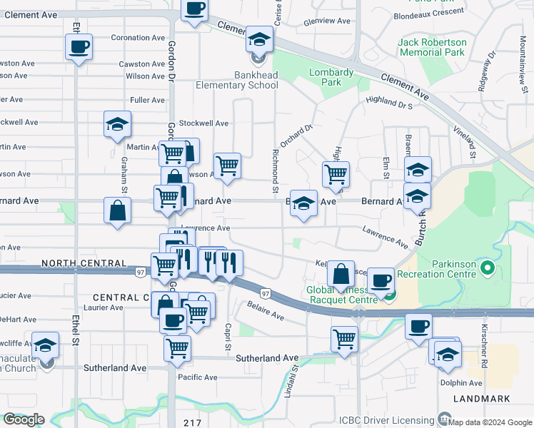 map of restaurants, bars, coffee shops, grocery stores, and more near 1262 Lawrence Avenue in Kelowna
