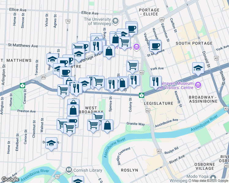 map of restaurants, bars, coffee shops, grocery stores, and more near 584 Trans-Canada Highway in Winnipeg