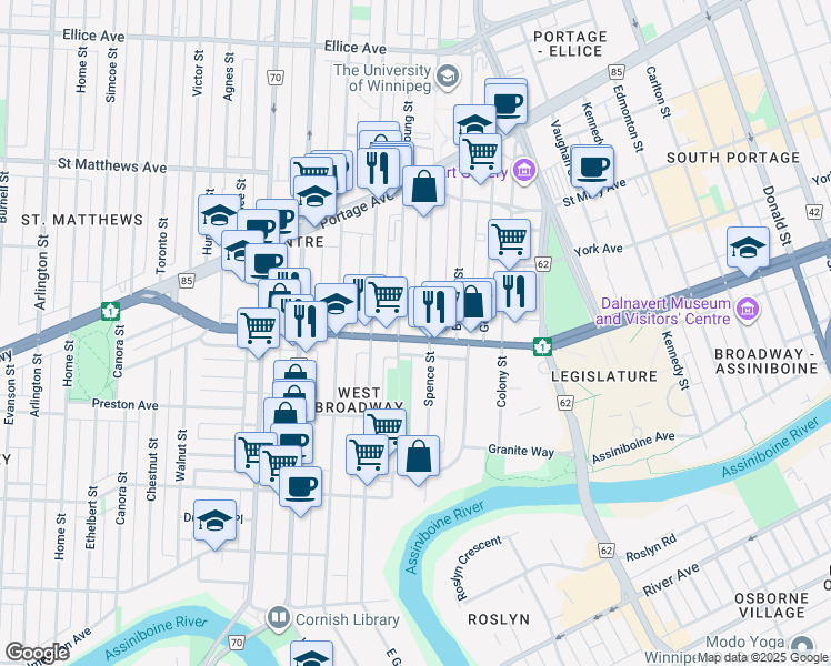 map of restaurants, bars, coffee shops, grocery stores, and more near 610 Manitoba 1 in Winnipeg