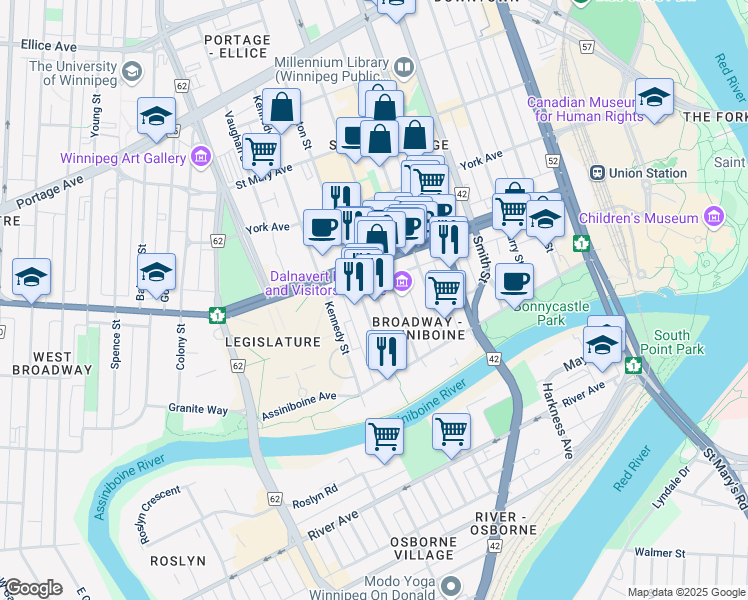 map of restaurants, bars, coffee shops, grocery stores, and more near 77 Edmonton Street in Winnipeg