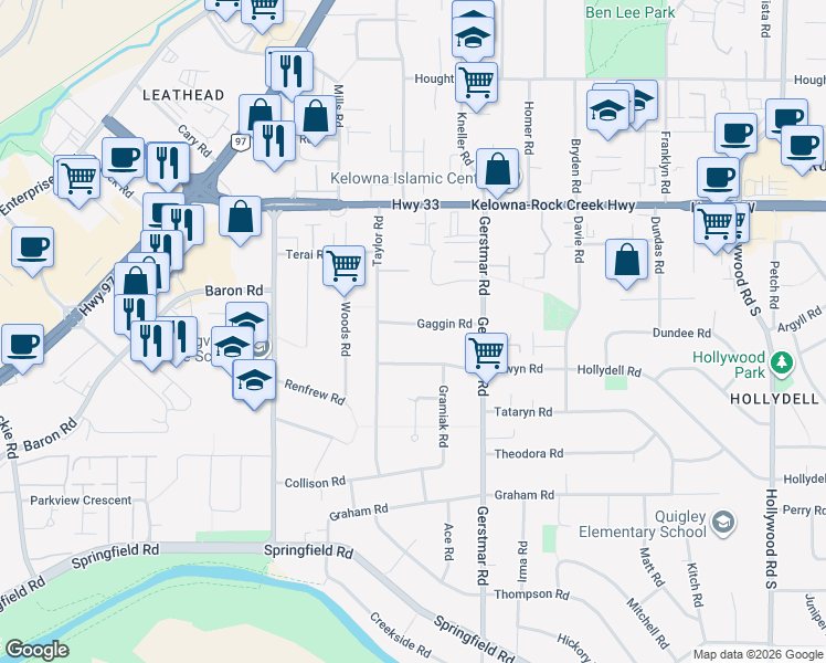 map of restaurants, bars, coffee shops, grocery stores, and more near 1259 Gaggin Road in Kelowna