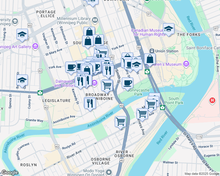 map of restaurants, bars, coffee shops, grocery stores, and more near 33 Hargrave Place in Winnipeg