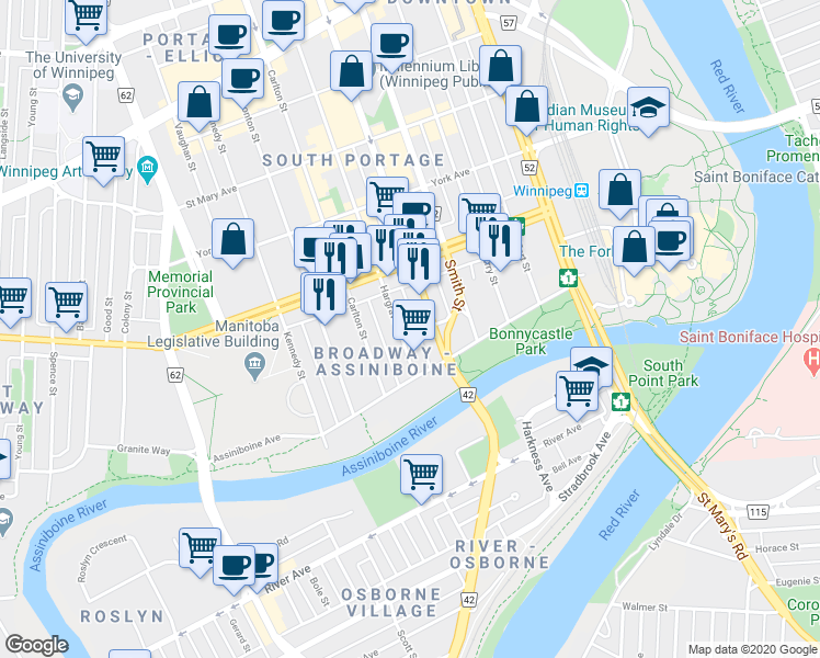 map of restaurants, bars, coffee shops, grocery stores, and more near 33 Hargrave Place in Winnipeg