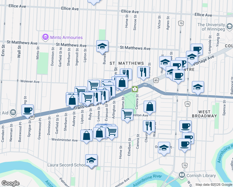 map of restaurants, bars, coffee shops, grocery stores, and more near 877 Portage Avenue in Winnipeg