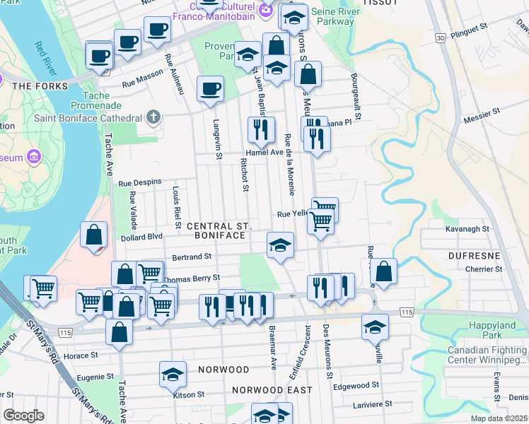 map of restaurants, bars, coffee shops, grocery stores, and more near 415 Saint Jean Baptiste Street in Winnipeg