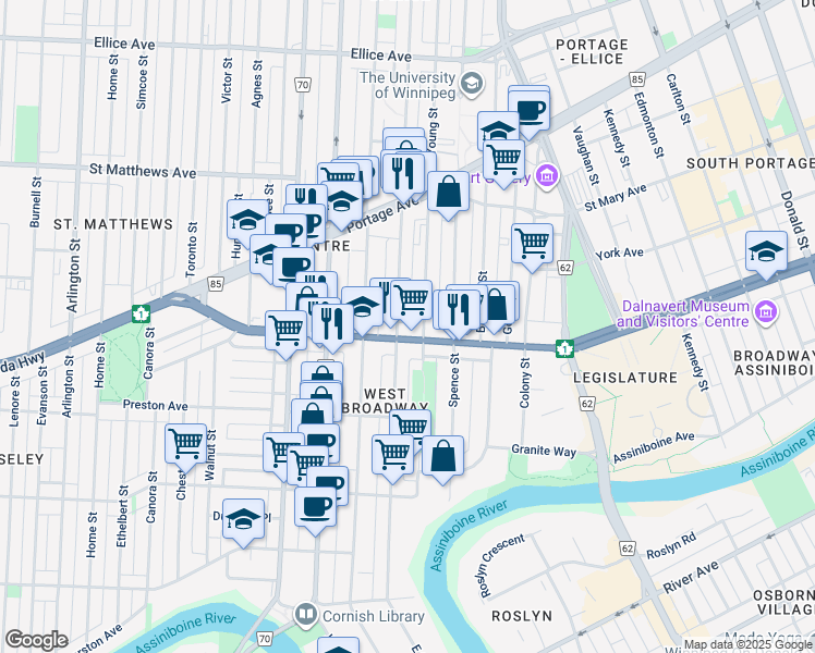map of restaurants, bars, coffee shops, grocery stores, and more near 634 Broadway in Winnipeg