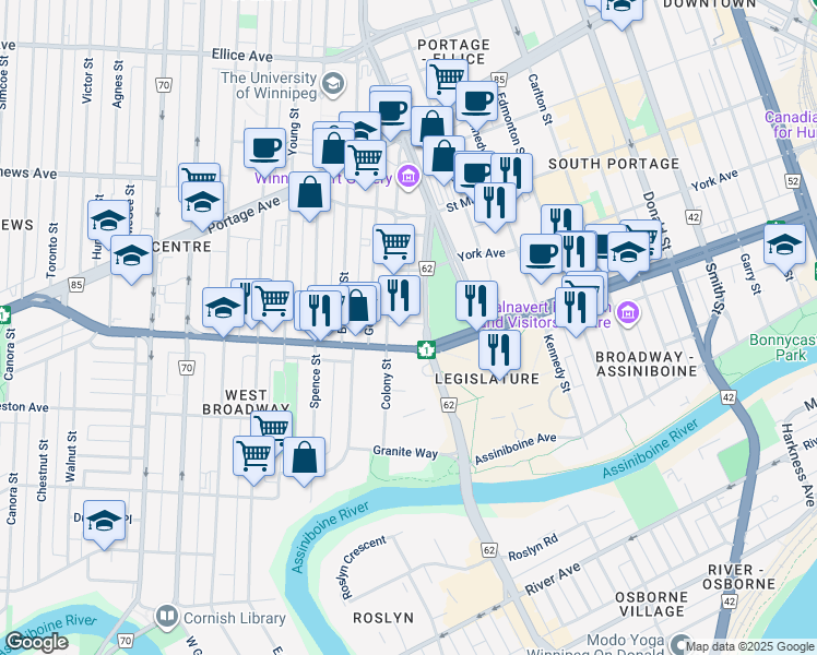 map of restaurants, bars, coffee shops, grocery stores, and more near 177 Colony Street in Winnipeg