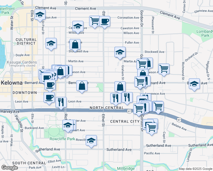 map of restaurants, bars, coffee shops, grocery stores, and more near 911 Bernard Avenue in Kelowna
