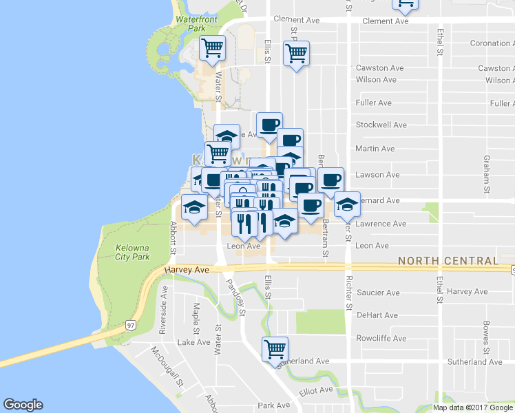 map of restaurants, bars, coffee shops, grocery stores, and more near 459 Bernard Avenue in Kelowna