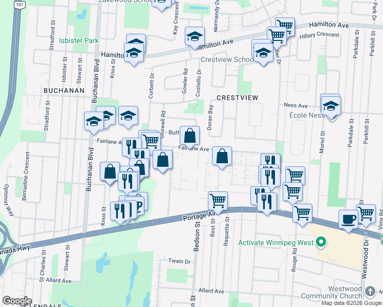 map of restaurants, bars, coffee shops, grocery stores, and more near 234 Fairlane Avenue in Winnipeg