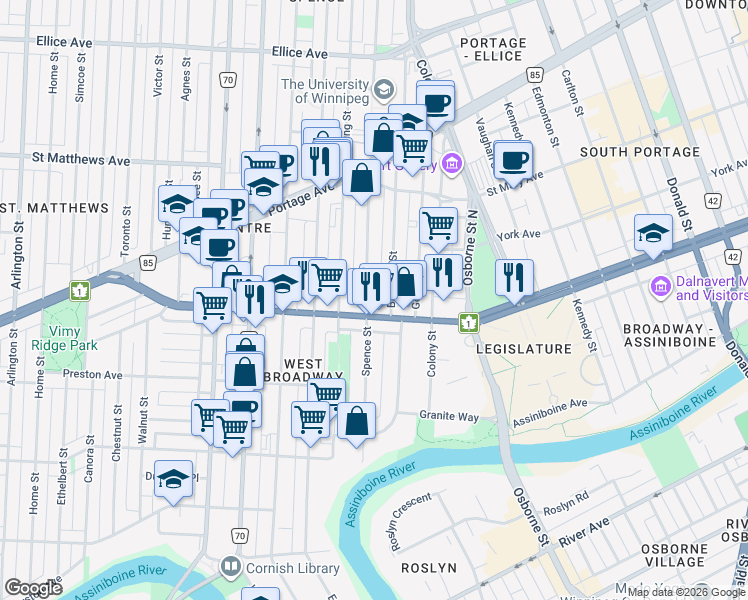 map of restaurants, bars, coffee shops, grocery stores, and more near 179 Spence Street in Winnipeg