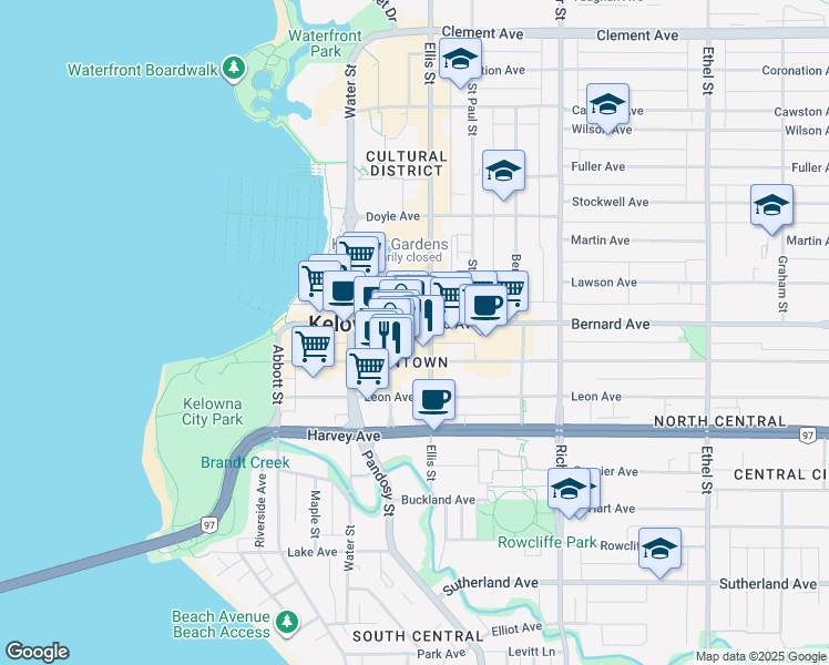 map of restaurants, bars, coffee shops, grocery stores, and more near 459 Bernard Avenue in Kelowna