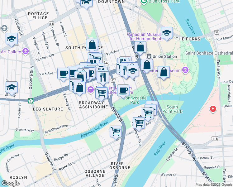 map of restaurants, bars, coffee shops, grocery stores, and more near 36 Navy Way in Winnipeg