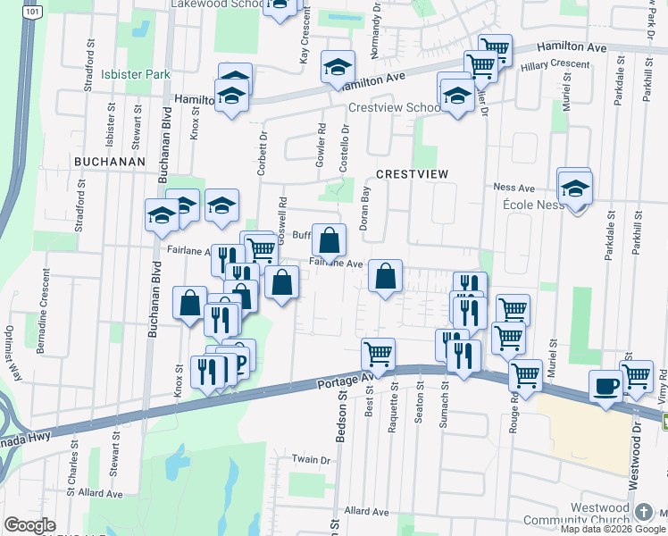 map of restaurants, bars, coffee shops, grocery stores, and more near 230 Fairlane Avenue in Winnipeg