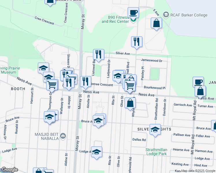 map of restaurants, bars, coffee shops, grocery stores, and more near 26 Braintree Crescent in Winnipeg
