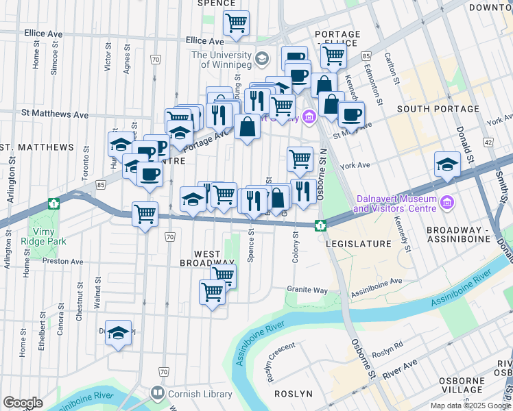 map of restaurants, bars, coffee shops, grocery stores, and more near 185 Spence Street in Winnipeg