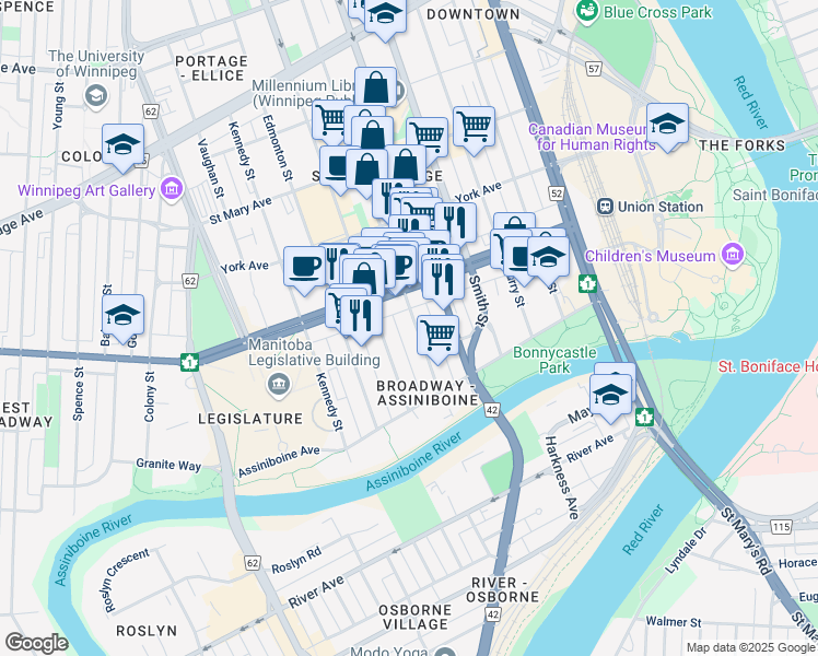 map of restaurants, bars, coffee shops, grocery stores, and more near 336 Broadway in Winnipeg